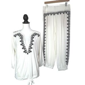ANGEL + PREMIUM Women's Medium Ivory Boho Embroidered Matching Top Pants Set A+P